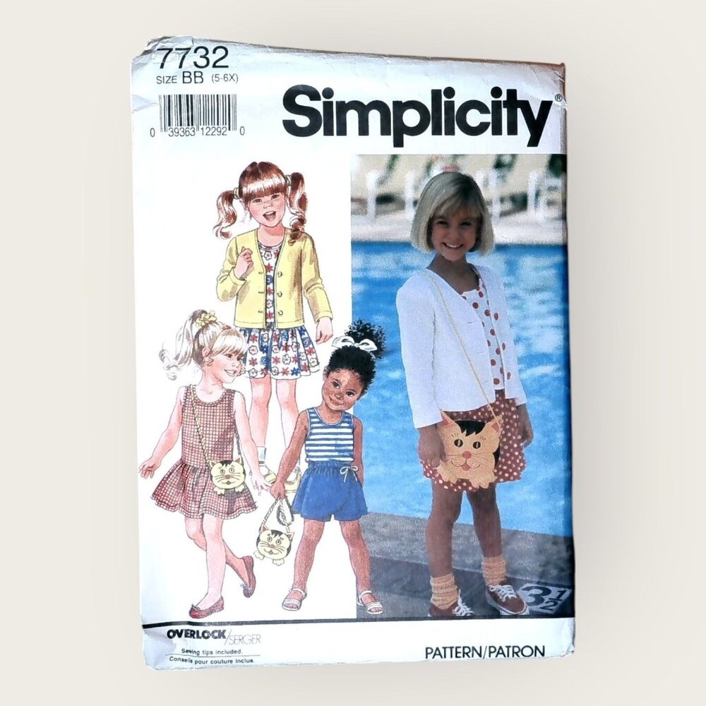Vintage 1990s Simplicity Sewing Pattern 7732 Girls Dress Top Shorts Cardigan